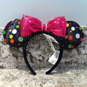 Disney Parks Minnie Mouse Ears Headband Black Pink Color Polka Dots Sequins